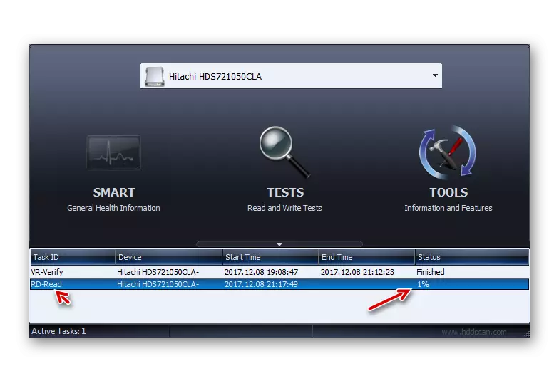 Vizualizarea progresului testului hard disk în fereastra de scanare HDD
