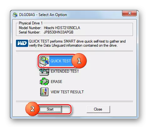 Запуск тестування Quick test жорсткого диска у вікні програми Western Digital Data Lifeguard Diagnostic