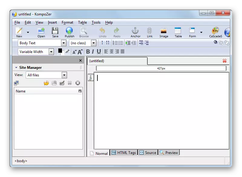 The interface of the visual HTML editor KOMPOZER