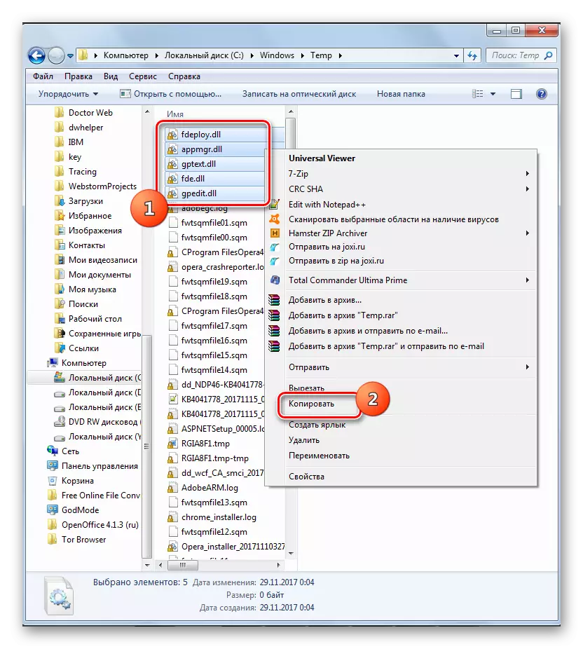 Copia de carpetas y archivos con el menú contextual desde el directorio de almacenamiento de archivos temporales en la ventana del Explorador en Windows 7