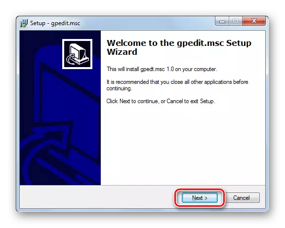 Gpeedit.msc installasjonsveiviser velkommen vindu i Windows 7