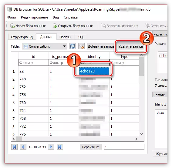 Removing Skype Correspondence in the DB Browser for SQLite