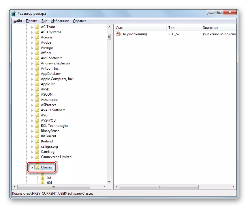 Lülitage Windows 7 registri redaktori klasside registri sektsioonis