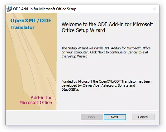 Instalace ODF Instalační okno Doplněk pro nastavení sady Microsoft Office