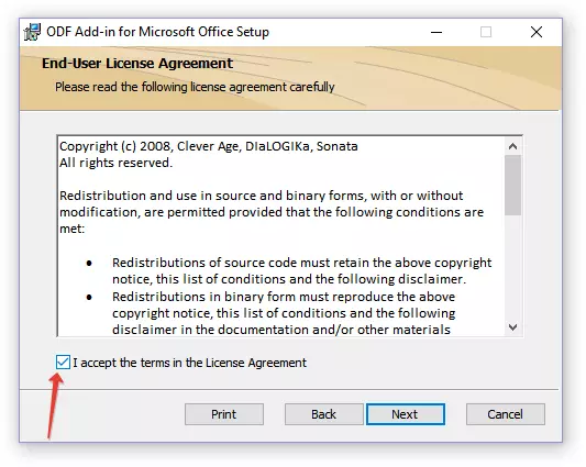 ຍອມຮັບຂໍ້ຕົກລົງໃນ Odf Add-in ສໍາລັບການຕິດຕັ້ງ Microsoft Office