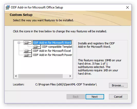 Ang pagpili ng ODF installation site add-in para sa setup ng Microsoft Office