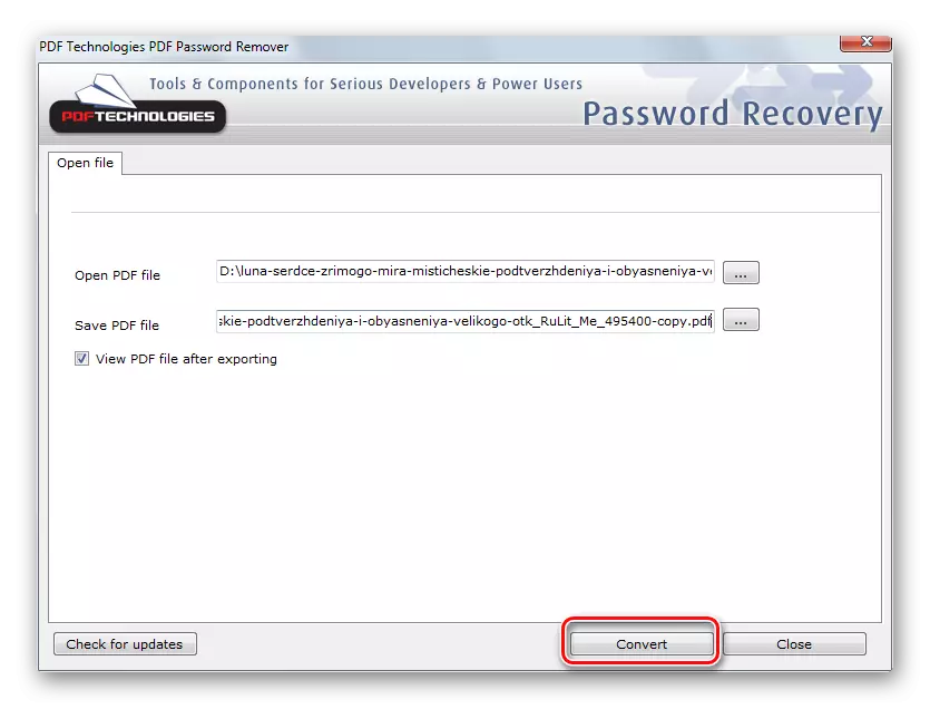 Correndo o proceso de protección do ficheiro na ferramenta PDF Password Remover
