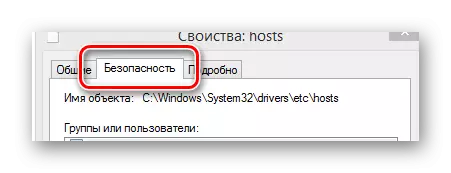 O proceso de transición á pestana de seguridade na xanela Propiedades en Windows Wintovs