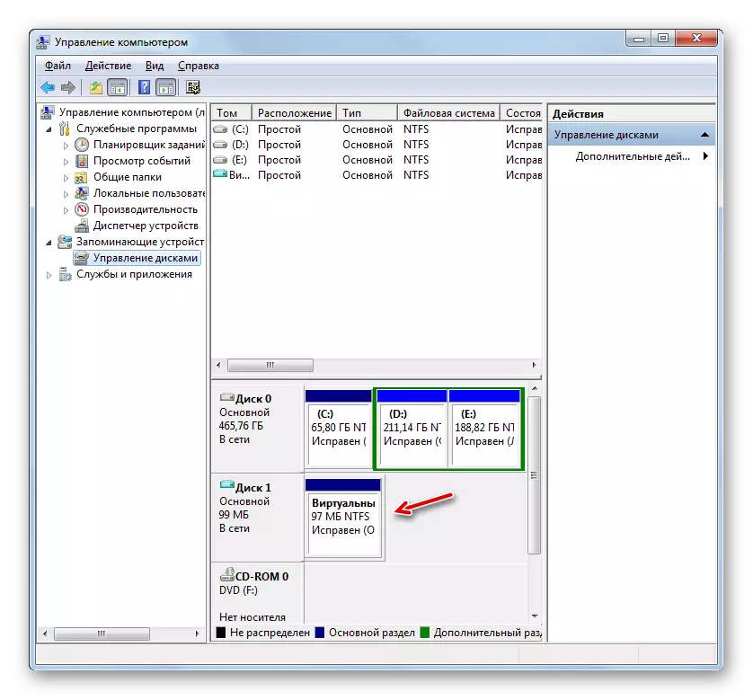 ვირტუალური დისკი ხელმისაწვდომია კომპიუტერის მართვის ფანჯარაში დისკის მართვის განყოფილებაში Windows 7-ში