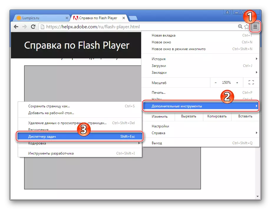 Flash Player Google Chrome menu - další nástroje - Správce úloh