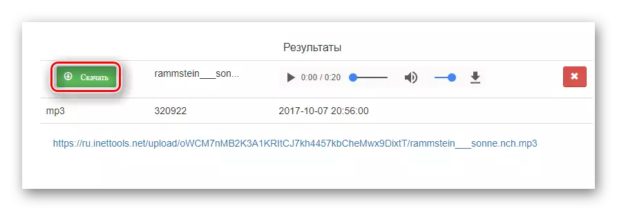 Botón de descarga del fragmento terminado de grabación de audio desde el sitio web de INnetTools