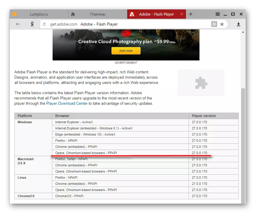 Adobe Flash Player Yandex.Browser-en, garatzailearen webgunean pluginaren benetako bertsioa