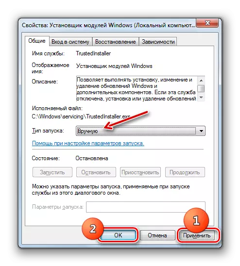 Uloženie zmien vytvorených na karte Všeobecné v okne Windows Vlastnosti Installer Windows Modules v systéme Windows 7