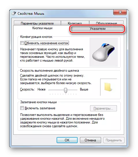 Ugrás a mutató fülre az egér tulajdonságai ablakban a Windows 7 rendszerben