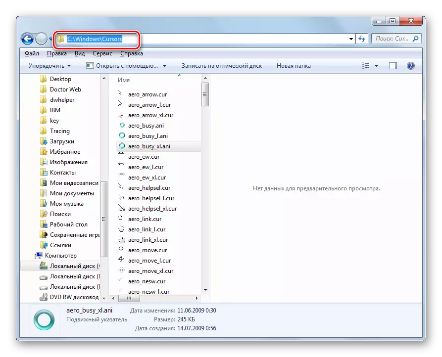 Carpeta de almacenamiento de cursor en Explorer en Windows 7