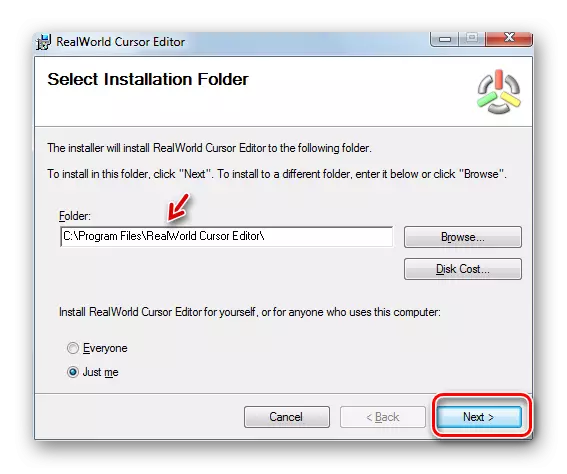 Programa bat instalatzeko karpeta bat hautatzea RealWorld Cursor Editor instalatzailearen leihoan Windows 7-n