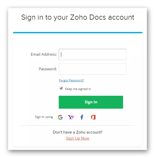 Autorizarea sau înregistrarea ferestrei pe Zohoshow