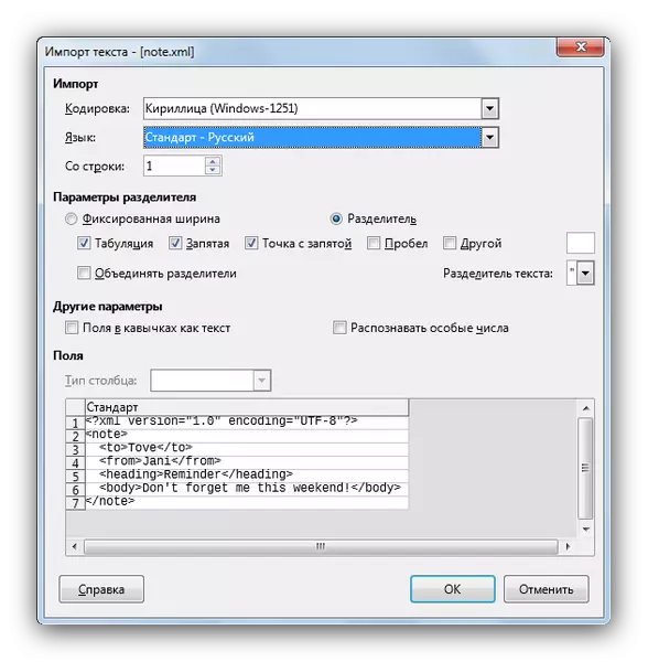Okno uvoza besedila v LibreOffice Calc