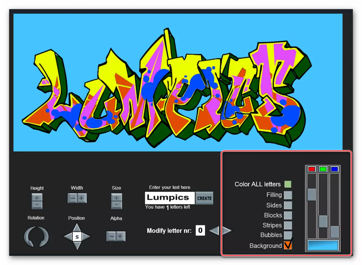 Panel edición de colores y elementos en el creador de graffiti.