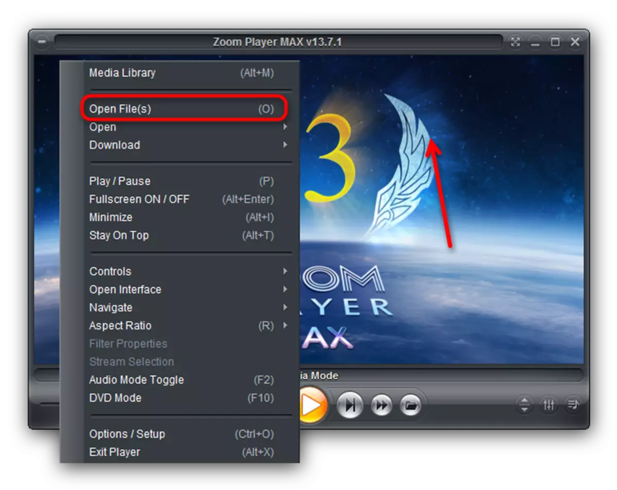 Context menu ng pagpili ng file sa Zoom Player.