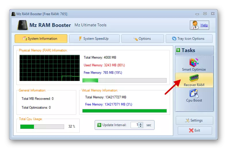 Khởi chạy việc dọn RAM trong một chương trình đặc biệt MZ RAM Booster trong Windows 10