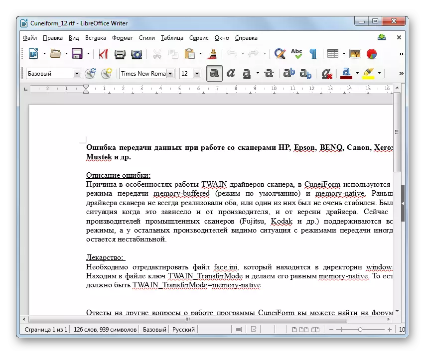 Le contenu de la RTF est ouvert dans le programme de l'écrivain de LibreOffice