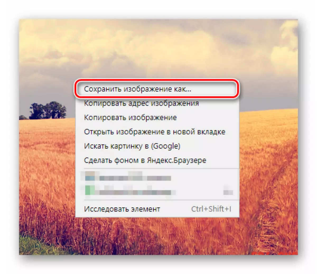 Kontekst menyu Yandex.Bauser