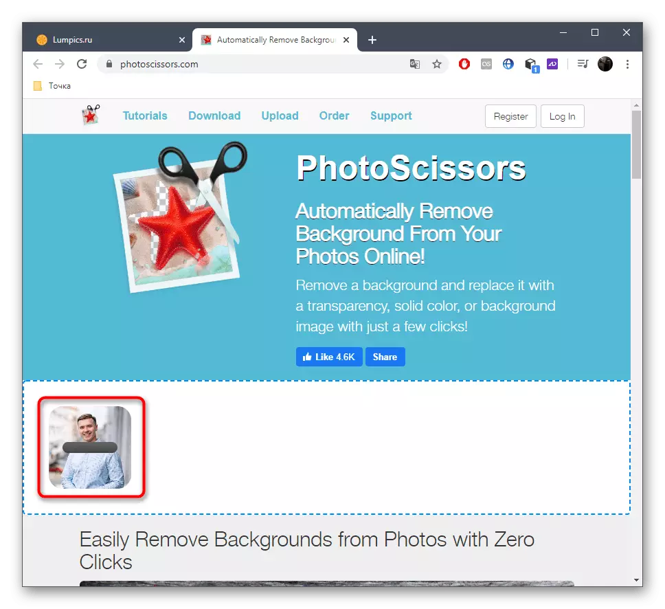Prosessen med å laste inn bildefilen til Online Tools Photoscissors