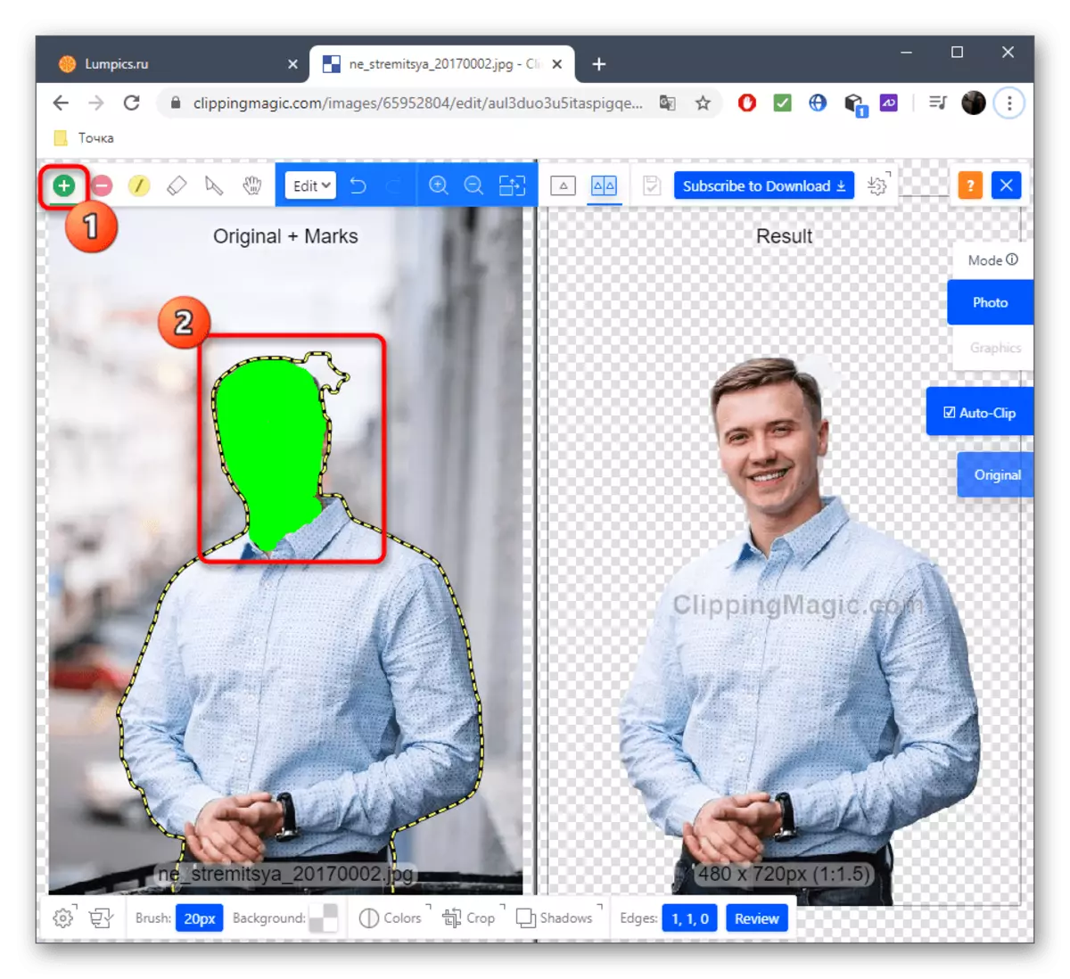 Udvælgelse af værktøj til skæring med billeder gennem en online ClippingMagic Service