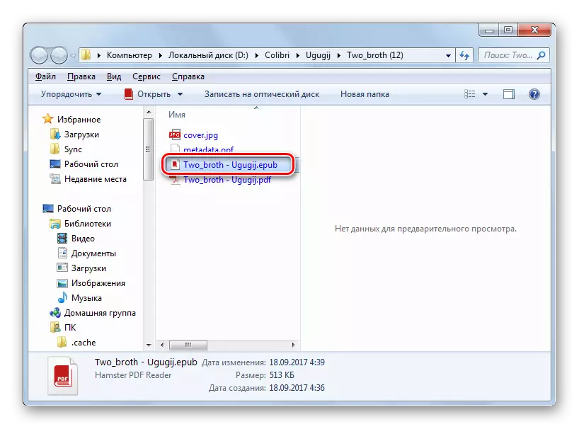 Direktoryo ng Lokasyon ng Dokumento sa format ng Epub sa Windows Explorer.