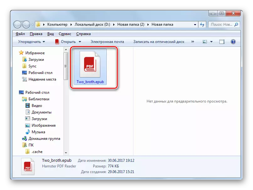 Directorio de colocación do documento convertido en formato EPUB en Windows Explorer