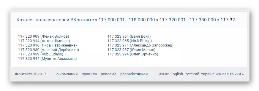 VKontakte 웹 사이트의 사용자 디렉토리의 마지막 페이지