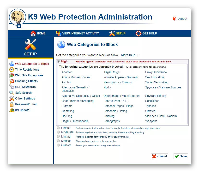 Tipi di protezione Web di blocco K9