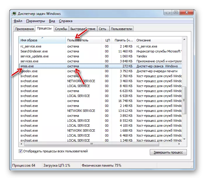 De gebruikersnaam van de gebruiker opgeven Het SMSS.EXE-proces in de Windows Task Manager