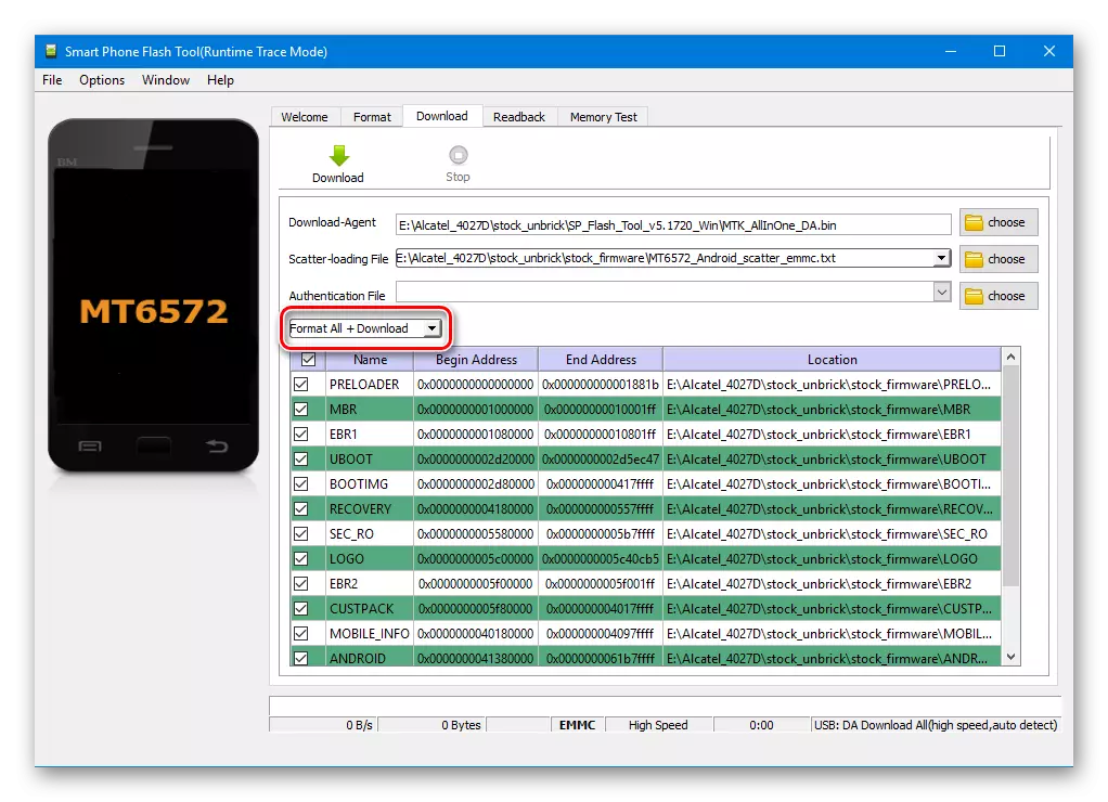 Alcatel One Touch Pixi 3 (4.5) 4027D Flash Tool, որն ընտրում է ձեւաչափը բոլոր + ներբեռնման ռեժիմը
