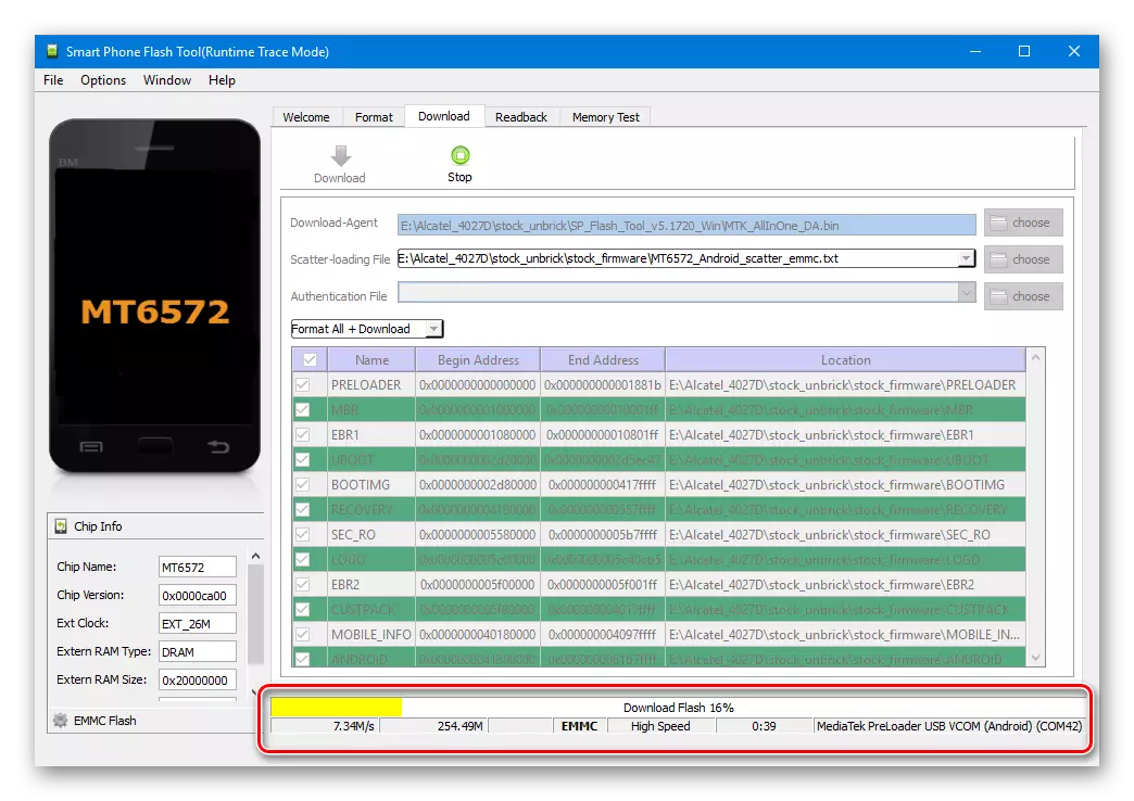 Alcatel Üks Touch Pixi 3 (4.5) 4027D Flash Tool Firmware Restauration Progress