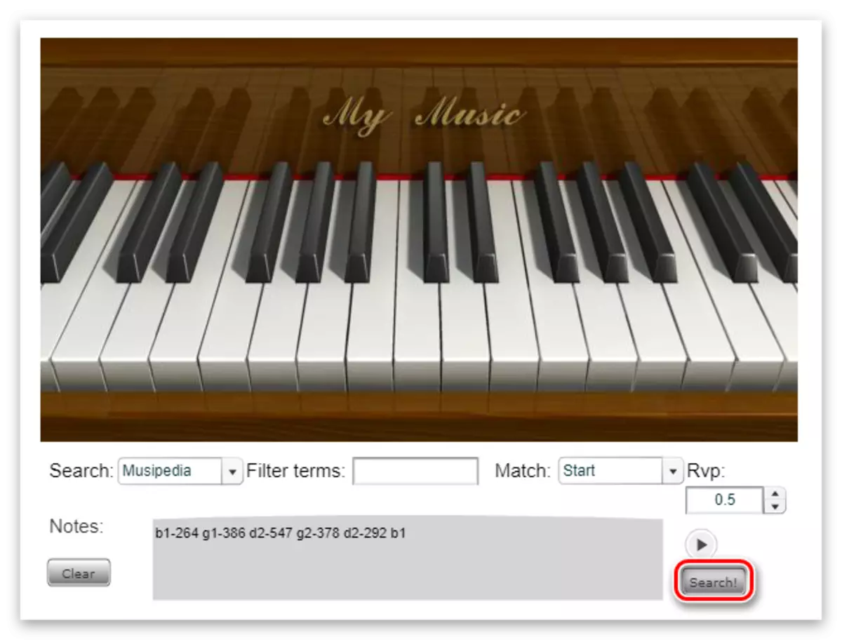 Musipedia वेबसाइट पर फ्लैश पियानो का उपयोग करते समय संरचना खोज बटन