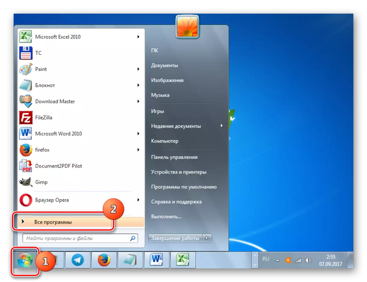 Windows 7'deki Başlat menüsünden Tüm Programlara Git