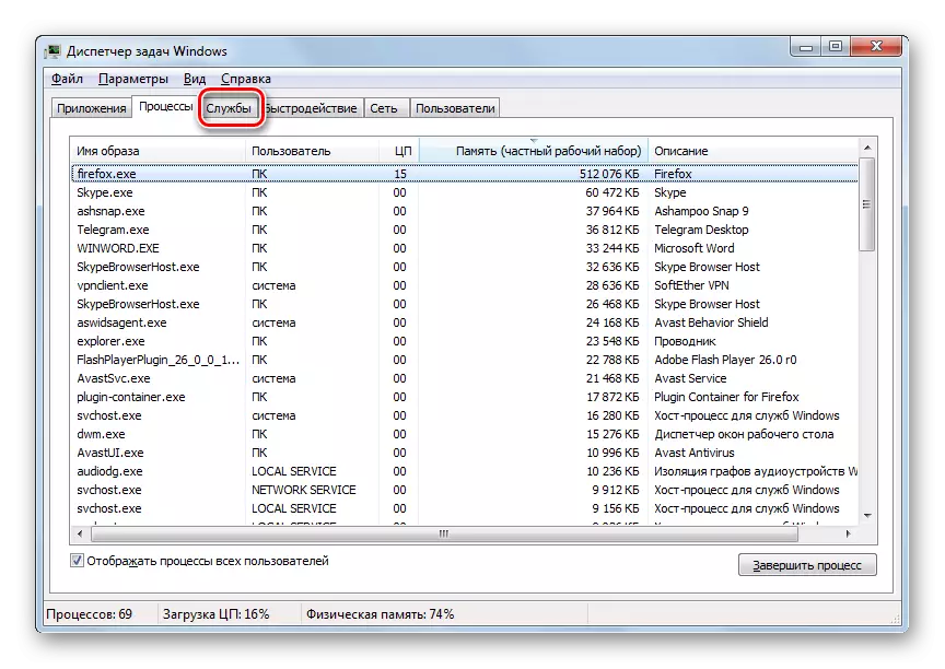 Pindhah menyang tab Layanan ing Tugas Manager ing Windows 7