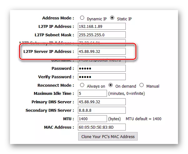 Mga uri ng koneksyon sa VPN - I-setup ang L2TP - server address