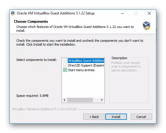 Chwazi konpozan enstalasyon Virtualbox ekstansyon pake a nan Windows