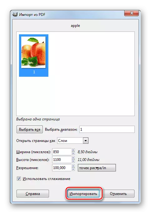 Finestra di importazione da PDF in GIMP