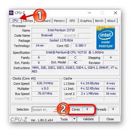 CPU-Z प्रोग्राम में प्रोसेसर कोर की संख्या देखें