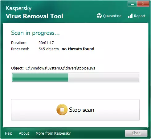 Proces skenování pro virové aktivity pomocí nástroje pro odebrání virem Kaspersky virus Anti-Virus Utility