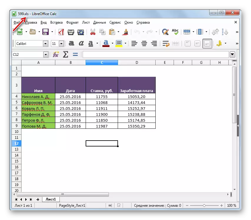 Ang talahanayan ay na-convert sa XLS format sa LibreOffice Calc