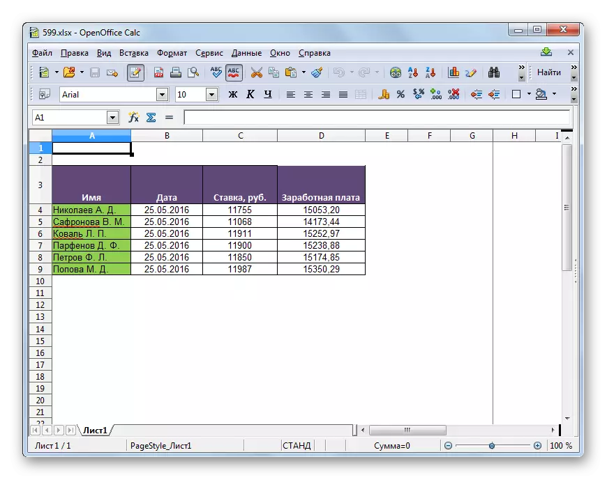 Tablica je otvorena u programu u programu OpenOffice Calc