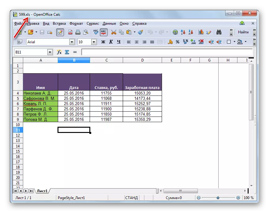 Tabela pretvorena u XLS format u OpenOffice Calc