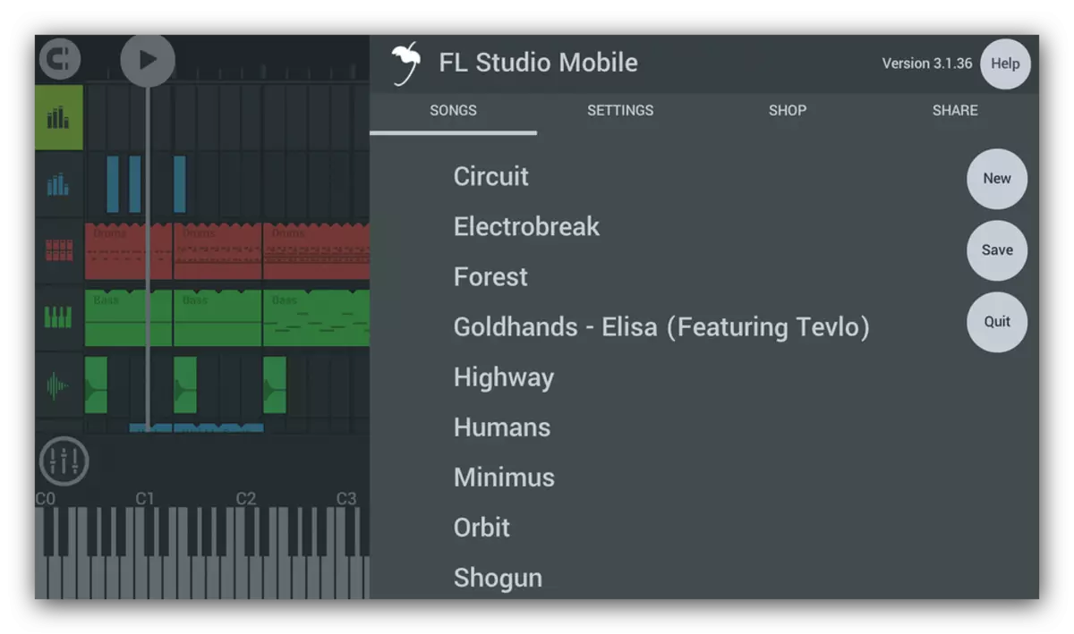 Галоўнае меню FL Studio Mobile