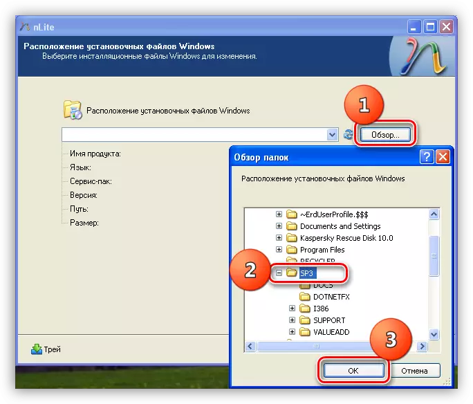 Pagpili sa usa ka folder nga adunay mga file sa pag-install sa Windows XP sa programa sa Nlite