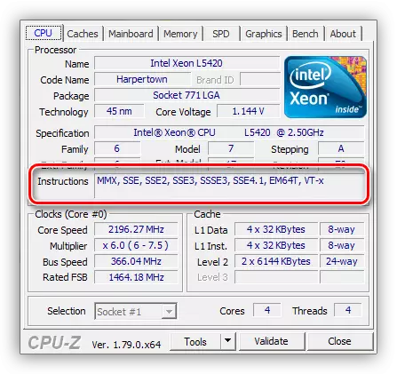 Daptar petunjuk dirojong ku prosésor di CPU-Z